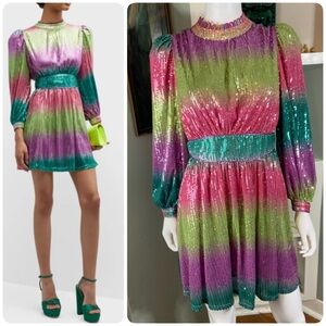 Celia B Diamantina Gradient Rainbow Long Sleeve Sequin Mini Dress Small S CeliaB